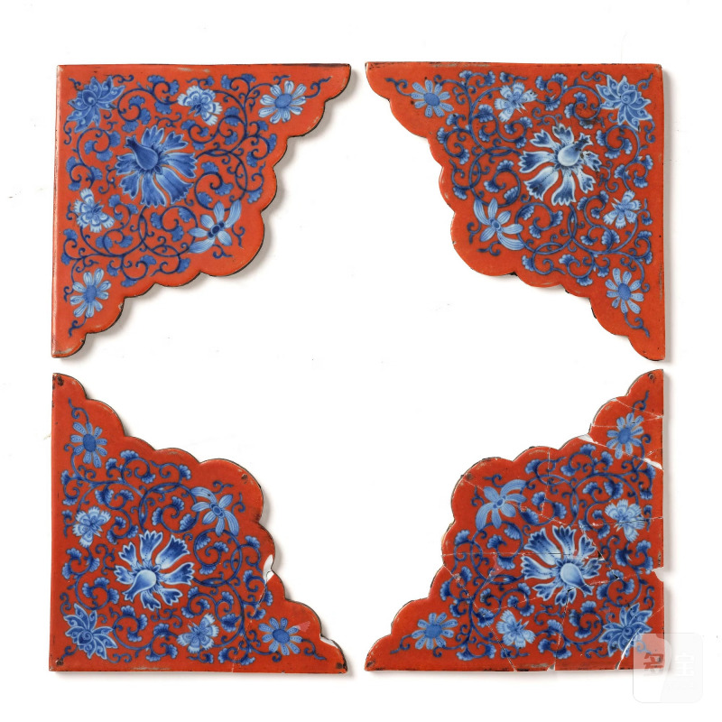 A set of four underglaze blue and red tiles,